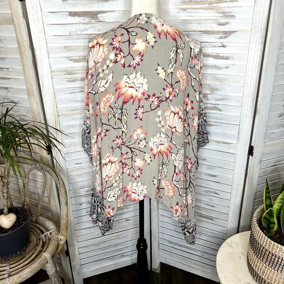 ANGIE Women's Sm Open Front Kimono Top Floral Ruffle Tim Taupe Coral Oversized - Picture 13 of 16